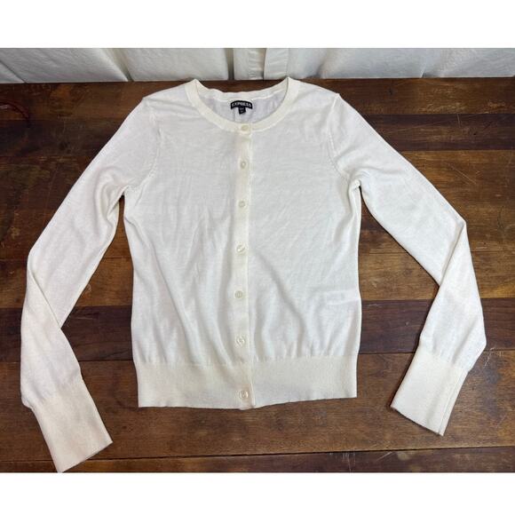 Express White Crew Neck Button Front Cropped Cardigan Women's Size Small - Picture 2 of 8